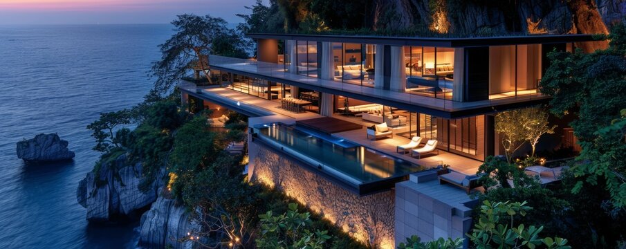 Contemporary cliffside mansion with glass walls.