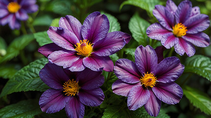 Obraz premium In a lush, picturesque garden, vibrant purple color flowers stand out against the green foliage.