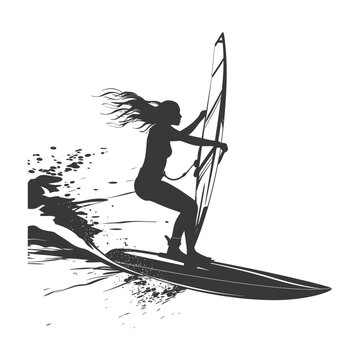Windsurfer Silhouette: Woman Riding the Wave with Grunge Spray.