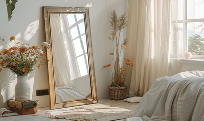 Cozy bedroom with a blank vanity mirror