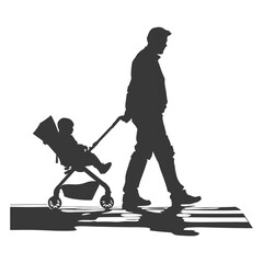 Obraz premium Father and Baby Stroller Silhouette on Crosswalk.