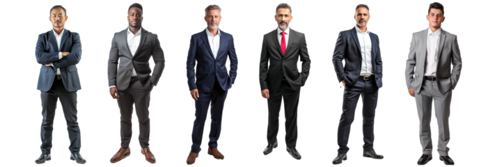 Bundle Set of Young to Middle-aged to Senior businessman, wearing a suit and matching shoes. full body portrait Isolated transparent background