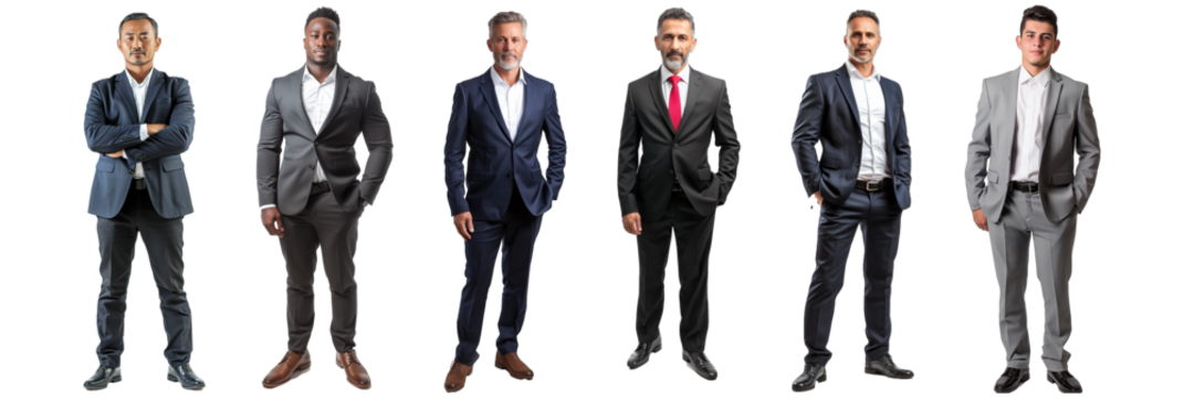 Bundle Set of Young to Middle-aged to Senior businessman, wearing a suit and matching shoes. full body portrait Isolated transparent background