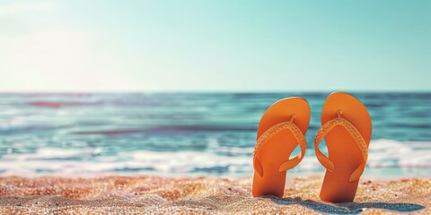 Orange flip flops sticking out of sand on beach background. Vacation and lifestyle concept.