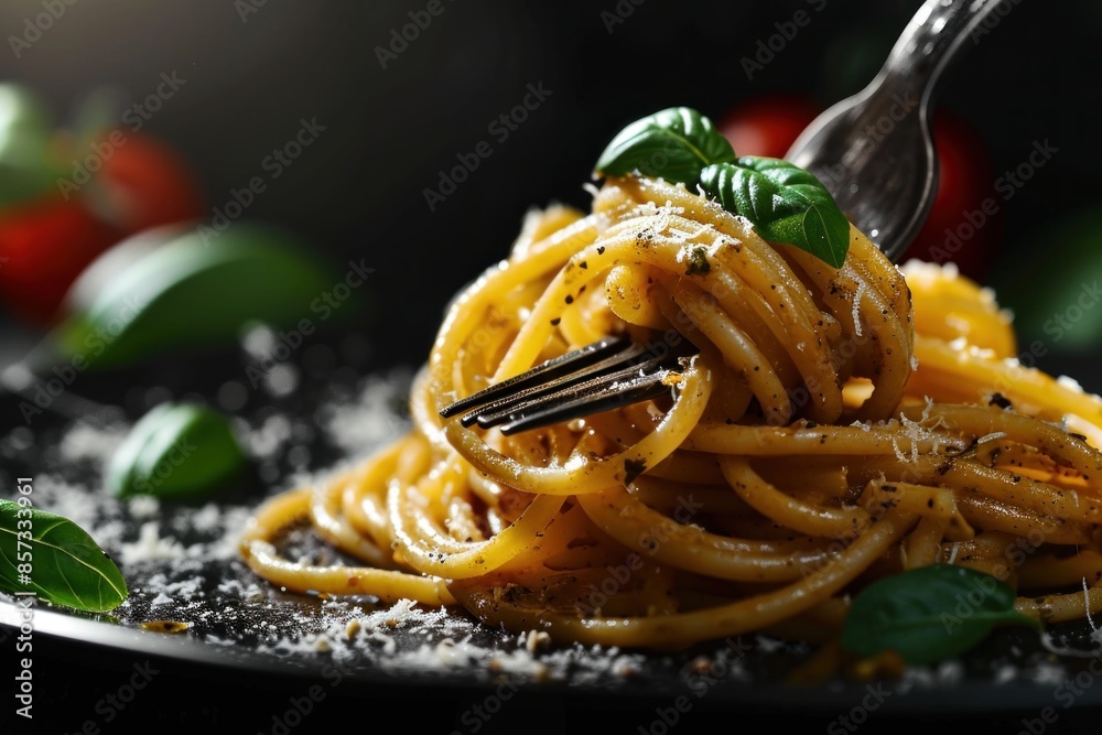 Wall mural Pasta. Spaghetti with tomato sauce and mozzarella. Spaghetti. Pasta. Delicious appetizing classic spaghetti pasta. Italian Food Concept with Copy Space. - Wall murals