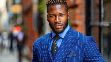 Obraz premium A man in a blue pinstripe suit walks down a city street