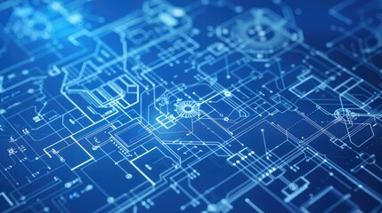 A blue and white image of a circuit board with many lines and dots