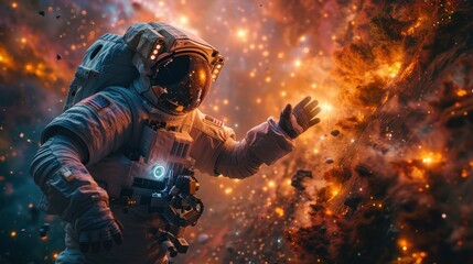 An astronaut floats in space, reaching out towards a fiery nebula