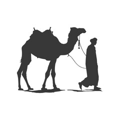 silhouette of muslim man walks leading a tied camel black color only
