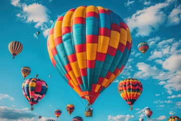 Fototapeta premium A hot air balloon festival with numerous balloons in various colors and patterns floating in the sky. 