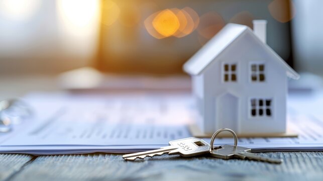 Approved mortgage loan paperwork on wooden desk, house keys and a miniature house model beside the documents, bright and inviting atmosphere, symbolizing successful home financing