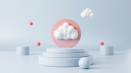 3D cloud icon connected to steps, blue and red color theme, light background, simple and minimalist design with white space on top