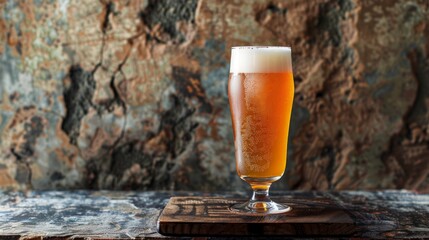 Light foam beer in a glass on an old background