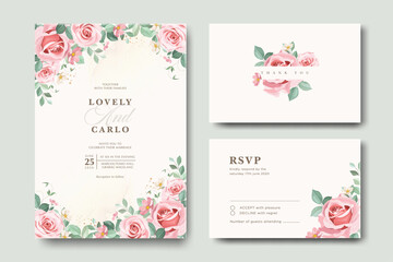 Beautiful wedding card set template with rose flowers