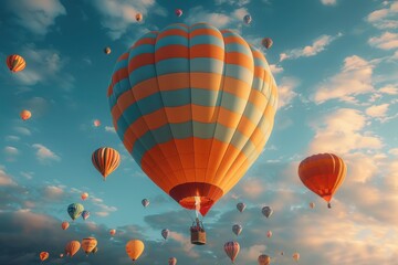 Fototapeta premium A hot air balloon festival with numerous balloons in various colors and patterns floating in the sky. 