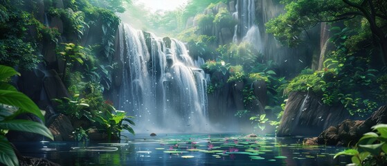 Majestic waterfall cascading down a rugged cliff into a tranquil pool, surrounded by lush greenery and misty spray