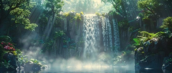 Majestic waterfall cascading down a rugged cliff into a tranquil pool, surrounded by lush greenery and misty spray