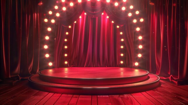 Circus stage podium background 3D carnival light red show curtain. Circus platform stage podium tent theater arena sign vintage spotlight circle stand bulb ringmaster ring cirque cartoon party cinema.