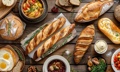 An overhead shot featuring sliced French baguettes and various organic pastries on a wooden table, showcasing a delicious breakfast spread