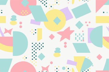 Pastel geometric shapes children seamless pattern. Memphis color funky cartoon isolated print pattern. Vector illustration on black background