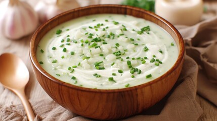 A bowl of Vichyssoise, a creamy and chilled leek and potato soup, garnished with chives and a drizzle of cream, perfect for a summer day,