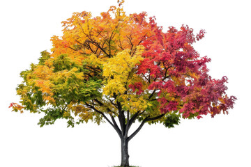 Vibrant tree with colorful autumn foliage in shades of red, orange, and yellow, isolated on a transparent background.