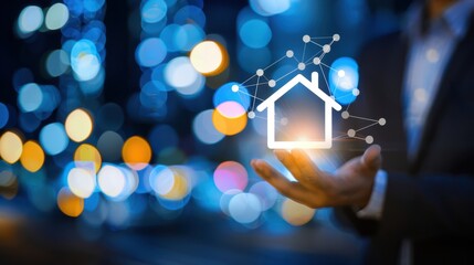 a man in a suit holding a glowing house in his hand
