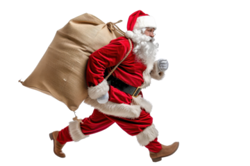 Santa Claus in traditional red outfit running with a large sack full of gifts, isolated on transparent background.