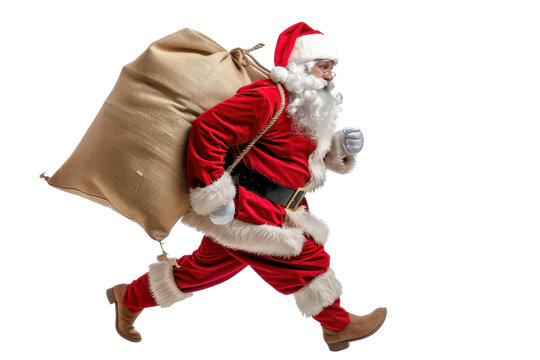 Santa Claus in traditional red outfit running with a large sack full of gifts, isolated on transparent background.