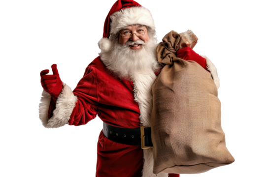 Santa Claus in red suit holding a sack of gifts. Festive, joyful Christmas image perfect for holiday-themed designs and promotions. - Powered by Adobe