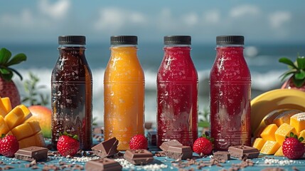 Four vibrant beverages with fresh fruit and chocolate
