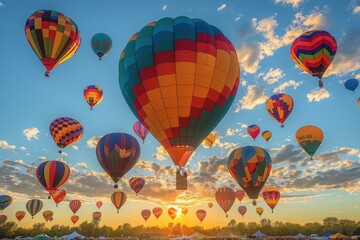 Obraz premium A hot air balloon festival with numerous balloons in various colors and patterns floating in the sky. 