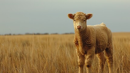 Obraz premium A young calf stands in a field of golden grass