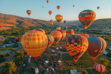 Obraz premium A hot air balloon festival with numerous balloons in various colors and patterns floating in the sky. 
