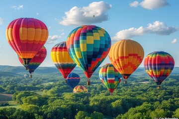 Naklejka premium A hot air balloon festival with numerous balloons in various colors and patterns floating in the sky. 