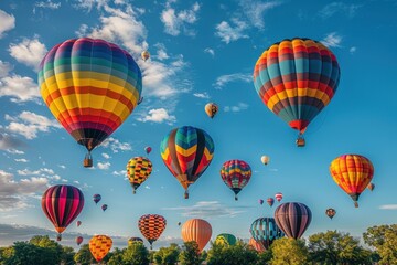 Obraz premium A hot air balloon festival with numerous balloons in various colors and patterns floating in the sky. 