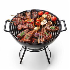 The grill with assorted meats and vegetables on skewers