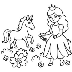 Cute princess cuddles with a unicorn. Coloring book page with colorful template for kids. Isolated illustration. For coloring book