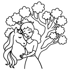 Cute princess cuddles with a unicorn. Coloring book page with colorful template for kids. Isolated illustration. For coloring book