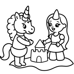 Cute princess cuddles with a unicorn. Coloring book page with colorful template for kids. Isolated illustration. For coloring book