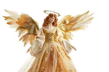 Fototapeta premium Elegant golden angel figurine with detailed wings and gown, perfect for Christmas decoration or whimsical decor.