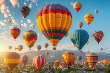 Obraz premium A hot air balloon festival with numerous balloons in various colors and patterns floating in the sky. 