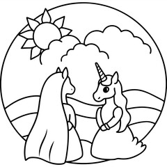 Cute princess cuddles with a unicorn. Coloring book page with colorful template for kids. Isolated illustration. For coloring book