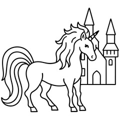 Cute princess cuddles with a unicorn. Coloring book page with colorful template for kids. Isolated illustration. For coloring book