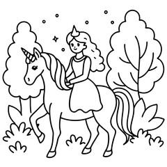 Cute princess cuddles with a unicorn. Coloring book page with colorful template for kids. Isolated illustration. For coloring book