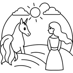 Cute princess cuddles with a unicorn. Coloring book page with colorful template for kids. Isolated illustration. For coloring book