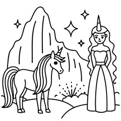 Cute princess cuddles with a unicorn. Coloring book page with colorful template for kids. Isolated illustration. For coloring book