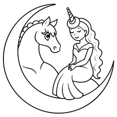 Cute princess cuddles with a unicorn. Coloring book page with colorful template for kids. Isolated illustration. For coloring book