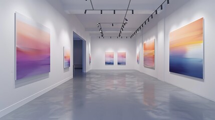 An elegant art gallery with minimalist white walls and track lighting, displaying a series of abstract paintings that create a harmonious and engaging visual experience.