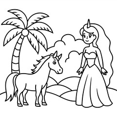 Naklejka premium Cute princess cuddles with a unicorn. Coloring book page with colorful template for kids. Isolated illustration. For coloring book